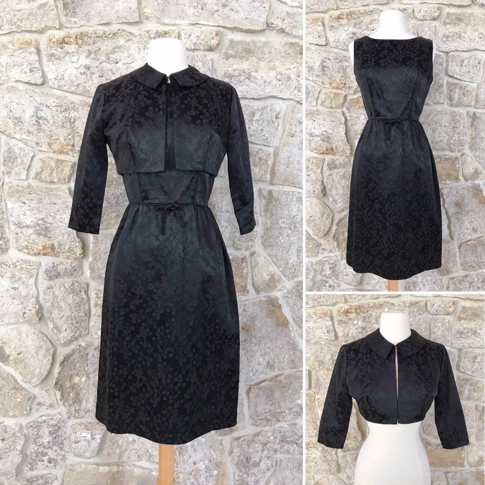 Vintage 50s Black Floral Brocade Dress Set with Kitten Bow Waist Audrey Hepburn - Picture 1 of 16